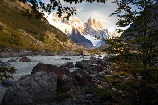 Looking up river to the glacier lake and might Cerro Torre mountain range.