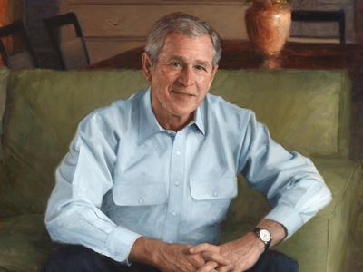 The artist, Robert Anderson of Darien, Connecticut, was a Yale classmate of President George W. Bush (above, detail). 