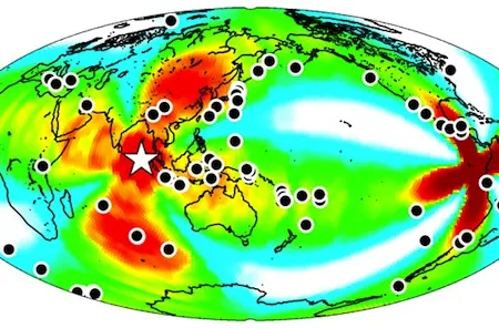 A map of the earthquakes triggered around the globe within a week of the April 2012 earthquake off the coast of Sumatra (white star).