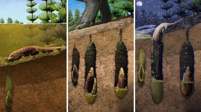three side-by-side illustrations of a salamander-like creature burrowing straight down under water