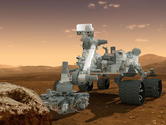 Artist rendering of Curiosity cruising the Martian surface