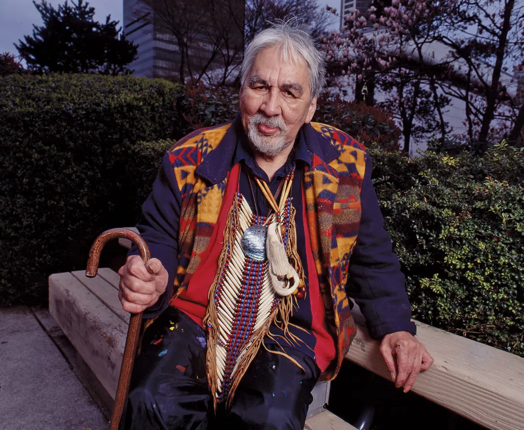 Norval Morrisseau in Robson Square in downtown Vancouver, 1999. Morrisseau identified as a shaman artist and drew on out-of-body experiences to create his art.