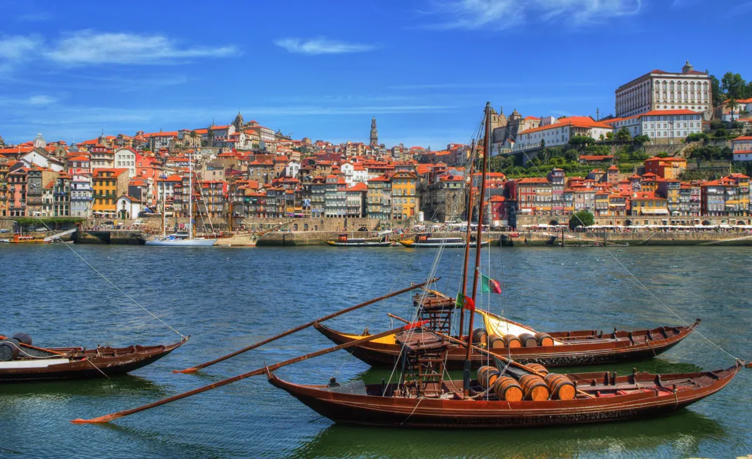 <i>Rabelo</i> carrying port barrels on the Douro River, Porto