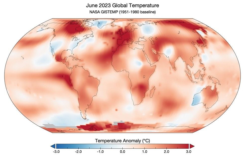 a map showing global temperature anomaly in June 2023—red, representing warmer than usual areas, covers much of the globe