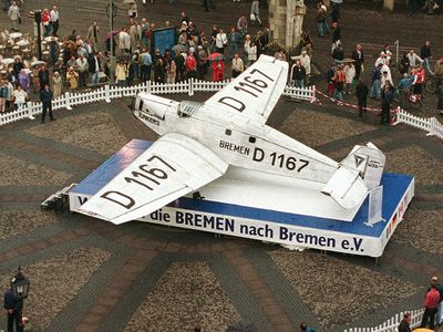 On the 70th anniversary of its 1928 nonstop flight from Ireland to Canada, the Bremen gathers a crowd of well-wishers in its namesake town in Germany.