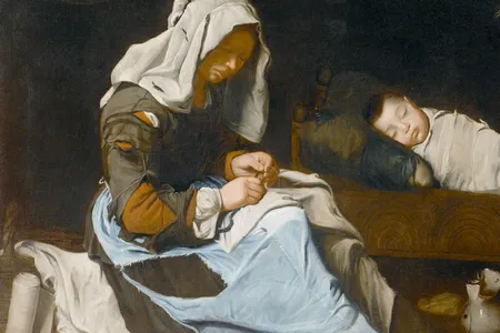 In A Woman Sewing With Two Children, the central character wears a light wash denim apron.