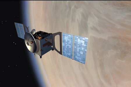 An artist's impress of the Venus Express orbiter around Venus.