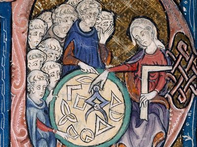 "Woman teaching geometry" Illustration at the beginning of a medieval translation of Euclid's Elements (c. 1310 AD)