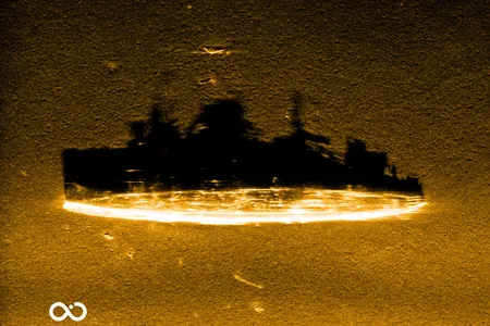 A high-resolution synthetic aperture sonar image of the USS Stewart, also known as the "Ghost Ship of the Pacific"