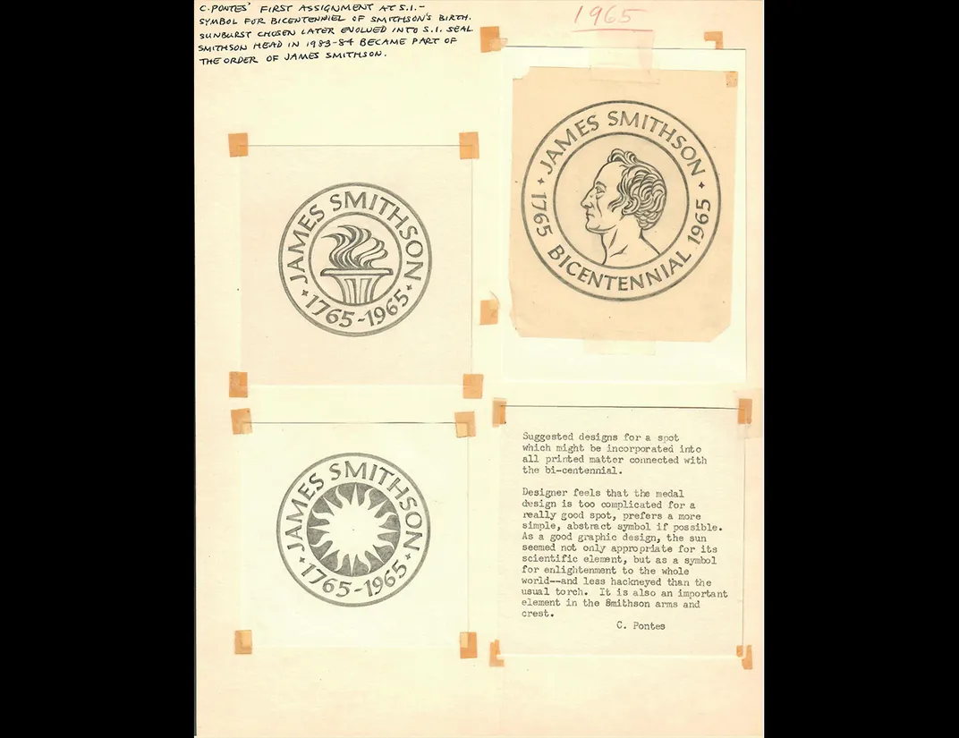 Design page with three versions of Smithsonian Bicentennial logo and notes from Pontes.
