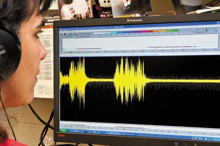Matina Kalcounis-Rueppell deciphers the ultrasonic chatter, shown here plotted on a spectrograph, of a deer mouse.