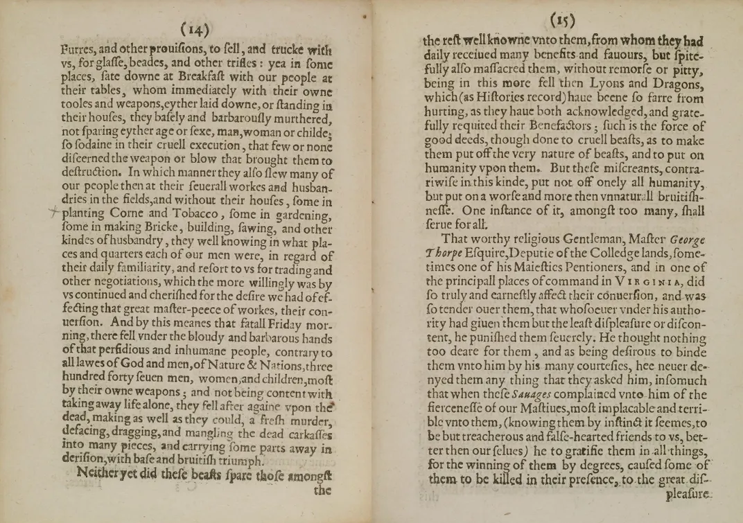 Pages from Edward Waterhouse's account of the 1622 attack
