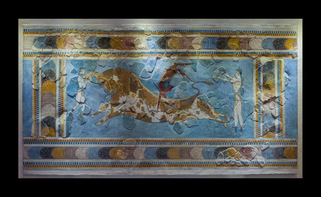 This 15th-century B.C.E. fresco depicts three individuals leaping over a bull in a manner reminiscent of modern vaulting.