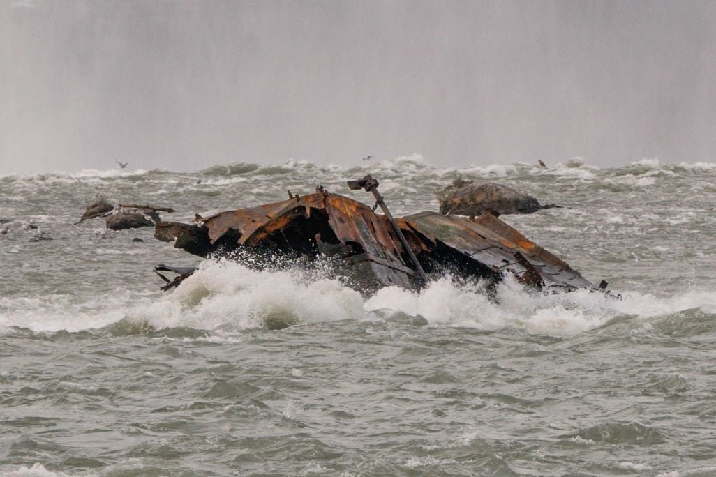 The Iron Scow adrift down in the rapids above Canadian Horseshoe Falls.