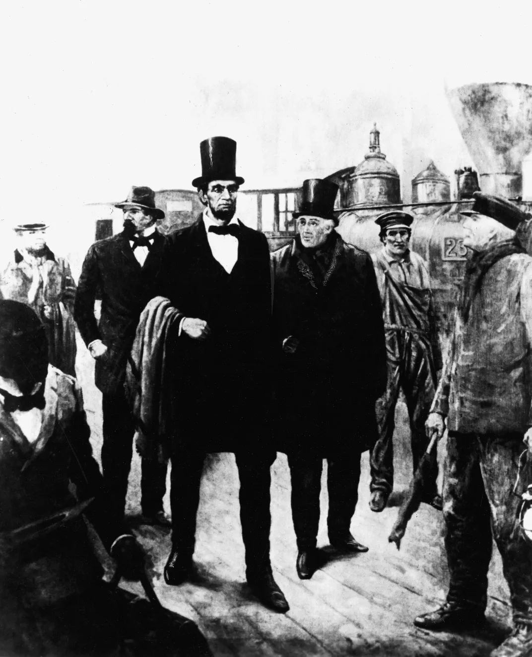Depiction of Abraham Lincoln, detective Allan Pinkerton and bodyguard Ward Hill Lamon arriving in Washington, D.C. on February 23, 1861.