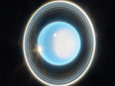 A zoomed-in image of Uranus captured by the James Webb Space Telescope. Eleven of the planet&#39;s 13 rings are visible, though some are so bright they appear to blend into one ring.