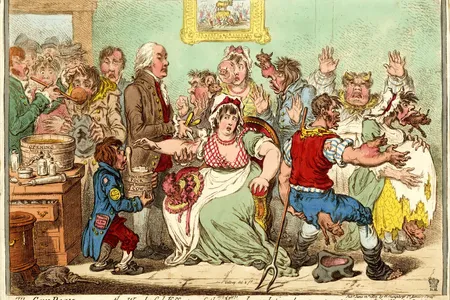 An 1802 engraving, The Cow Pock—or—the Wonderful Effects of the New Inoculation plays on the fears of a crowd of vaccinees.