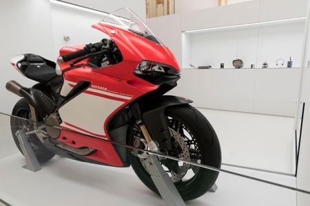 A 2017 Ducati motorcycle, a Panigale 1299 Superleggera, as-yet unridden, is on view at the Cooper Hewitt in New York City. 