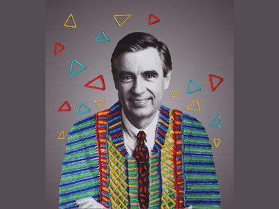 To illustrate this article, artist Victoria Villasana applied colorful yarn to a photograph of Fred Rogers wearing his signature zippered cardigan.