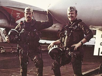 Gilbert Hooker, right, with navigator Ron Dunn and F-4 Phantoms, on Hooker's first Vietnam cruise.