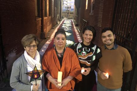 2018 SLC Day of the Dead. From left to right: Melissa Carrillo, SLC New Media & Technology Director; Xanath Caraza, Scholar and Writer; Frida Larios, Artist; José A. Ralat, Digital Media Specialist. Photo by Tyler Orsburn. 