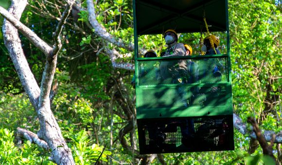 Secretary Bunch atop the canopy crane