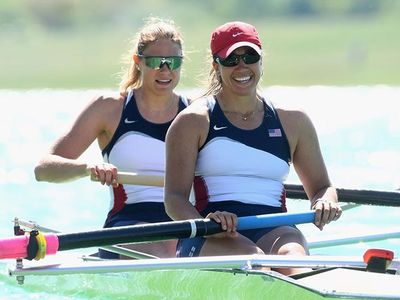 Anna Goodale (right) and Zsuzsanna Francia (left) compete in the women's pairs event at the FISA Rowing World Cup in Germany in 2008.