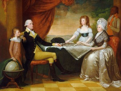 A late-18th century painting of George and Martha Washington with their adoptive children, George Washington Parke Custis and Nelly Custis, as well as one of their slaves.