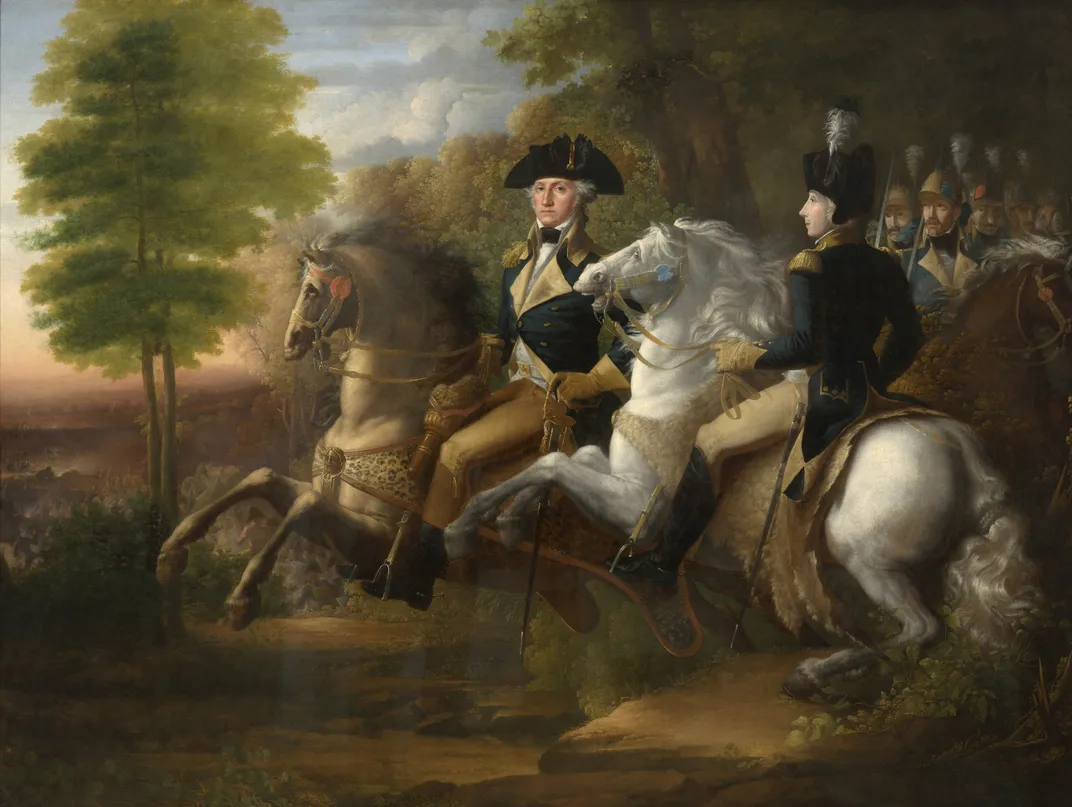 A 19th-century painting of George Washington and the Marquis de Lafayette at the Battle of Brandywine