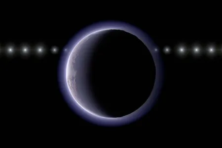Illustration of a time sequence as the celestial body moves in front of a distant star