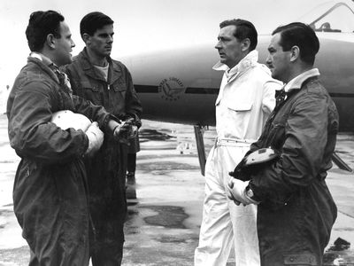 Hawker test pilots (from left) David Lockspeiser, Hugh Merewether, Bill Bedford and Frank Bullen.