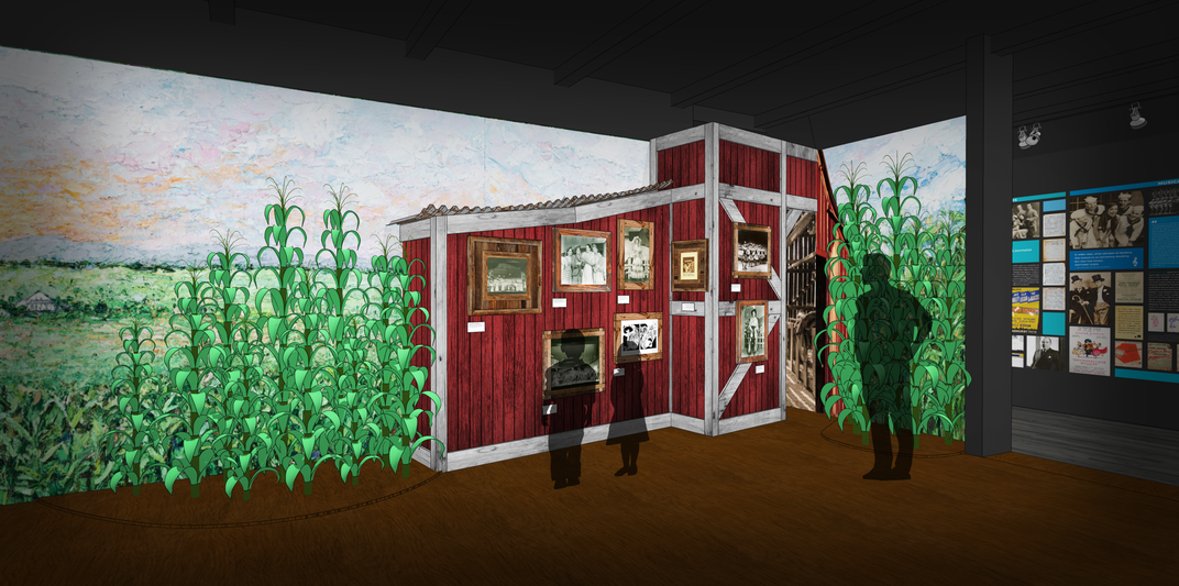 Rendering of an exhibition on "Oklahoma!" featuring a barn and cornstalks