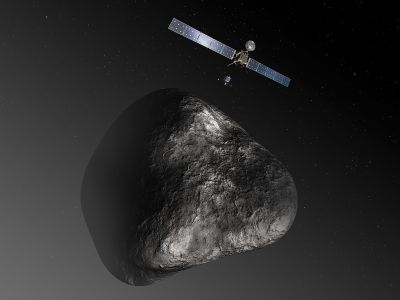 An artist's impression of Philae's landing on Comet 67P. Philae is the small craft beneath the Rosetta orbiter. It detached from Rosetta and landed on the comet on November 12, 2014. Now it may be out of contact forever. 