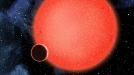 An artist's rendering of GJ1214b, orbiting a red dwarf star