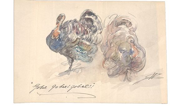 Walter Shirlaw watercolor of two turkeys, ca. 1903-1919. Dorothea A. Dreier papers, 1881-1941, bulk 1887-1923. Archives of American Art, Smithsonian Institution.