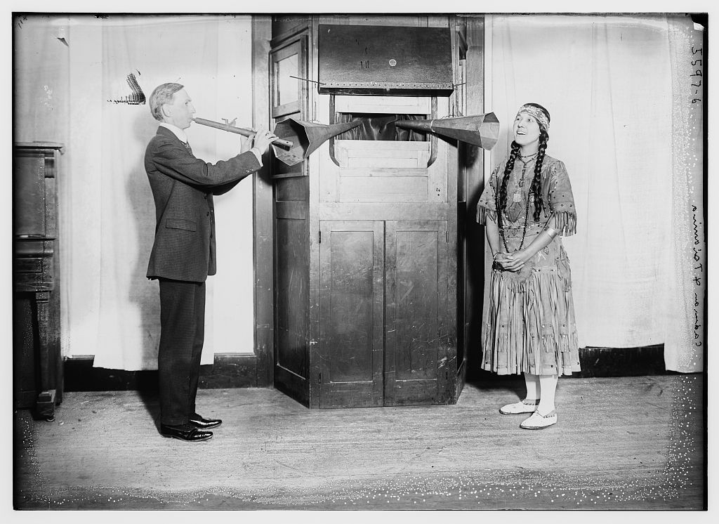 Tsianina Redfeather and Charles Wakefield Cadman in a recording studio
