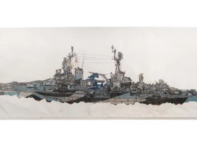 The artist&rsquo;s rendering of the USS&nbsp;Indianapolis. Smith often draws highly detailed features, such as the guns, separately and only later places them onto the larger work.
