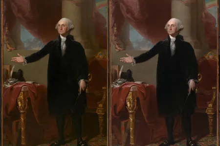 The 18-month restoration of Gilbert Stuart's portrait of George Washington, the Lansdowne (above: the portrait before conservation treatment is on the left) is completed.
