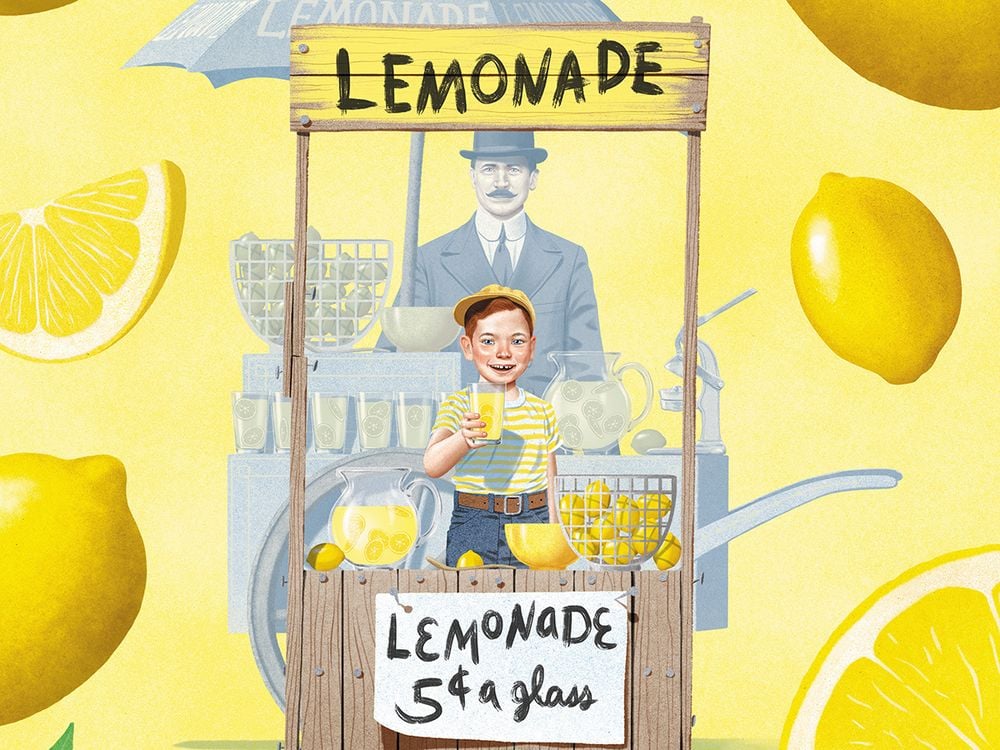 an illustration of a kid at lemonade stand with man in the background at lemonade cart