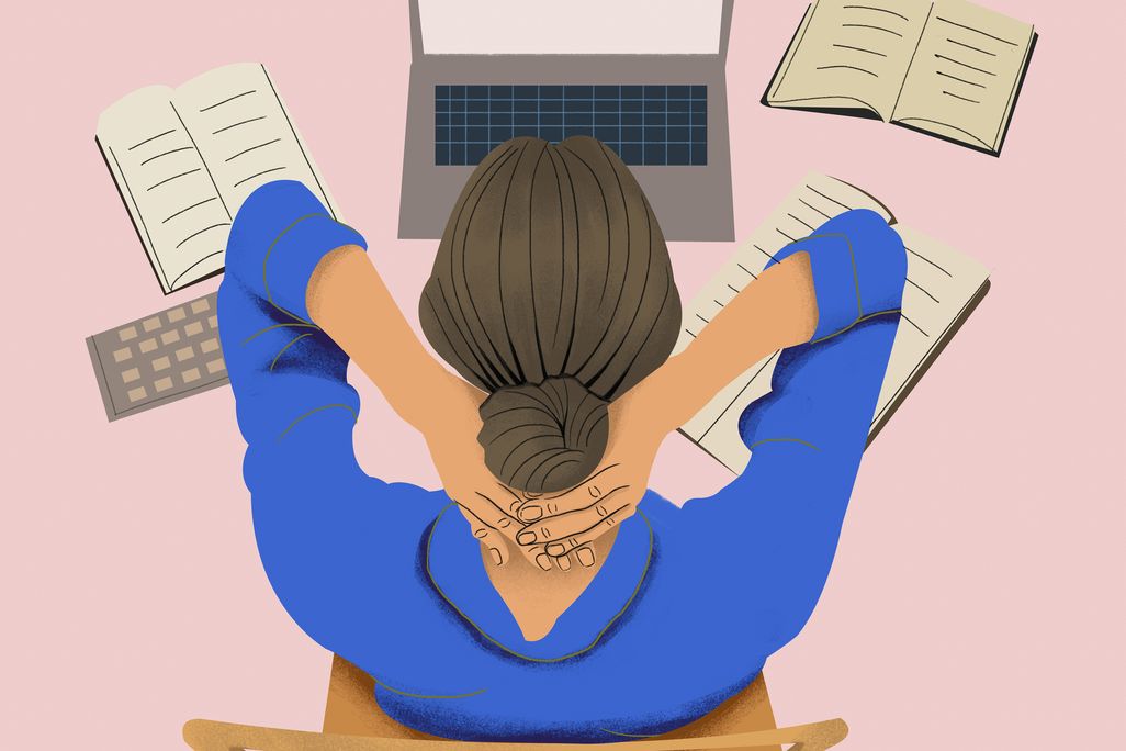 Illustration of a woman doing remote work at her desk with papers around her