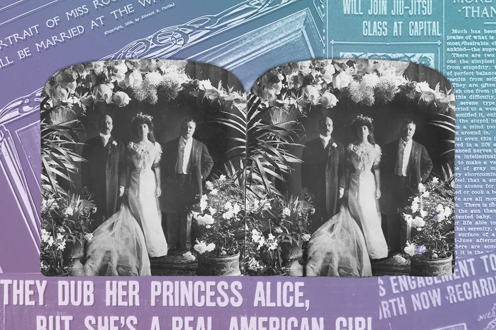 Alice Roosevelt on her wedding day in February 1906, in front of a series of a newspaper headlines about her