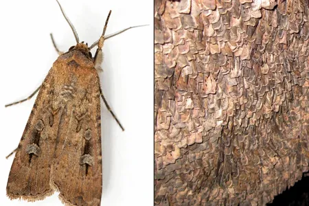 Bogong moths were traditionally ground into pastes or cakes. Pictured here are a single moth (left) and thousands of moths resting on a rock (right).