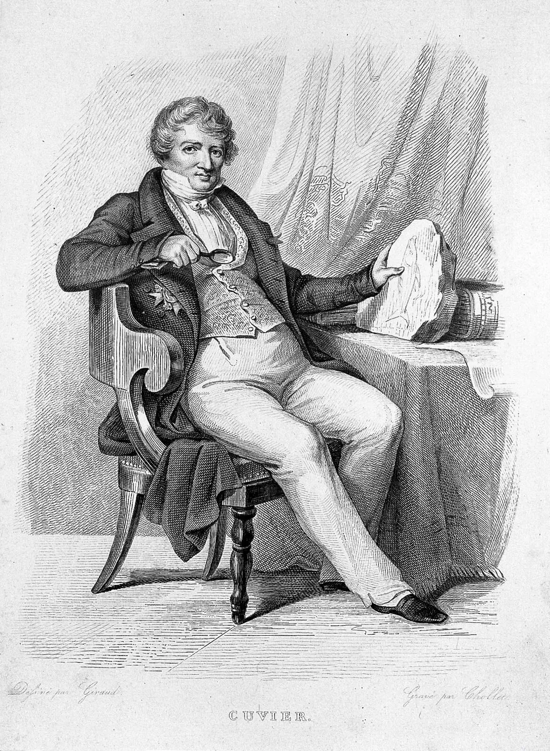 Georges Cuvier holding a fish fossil