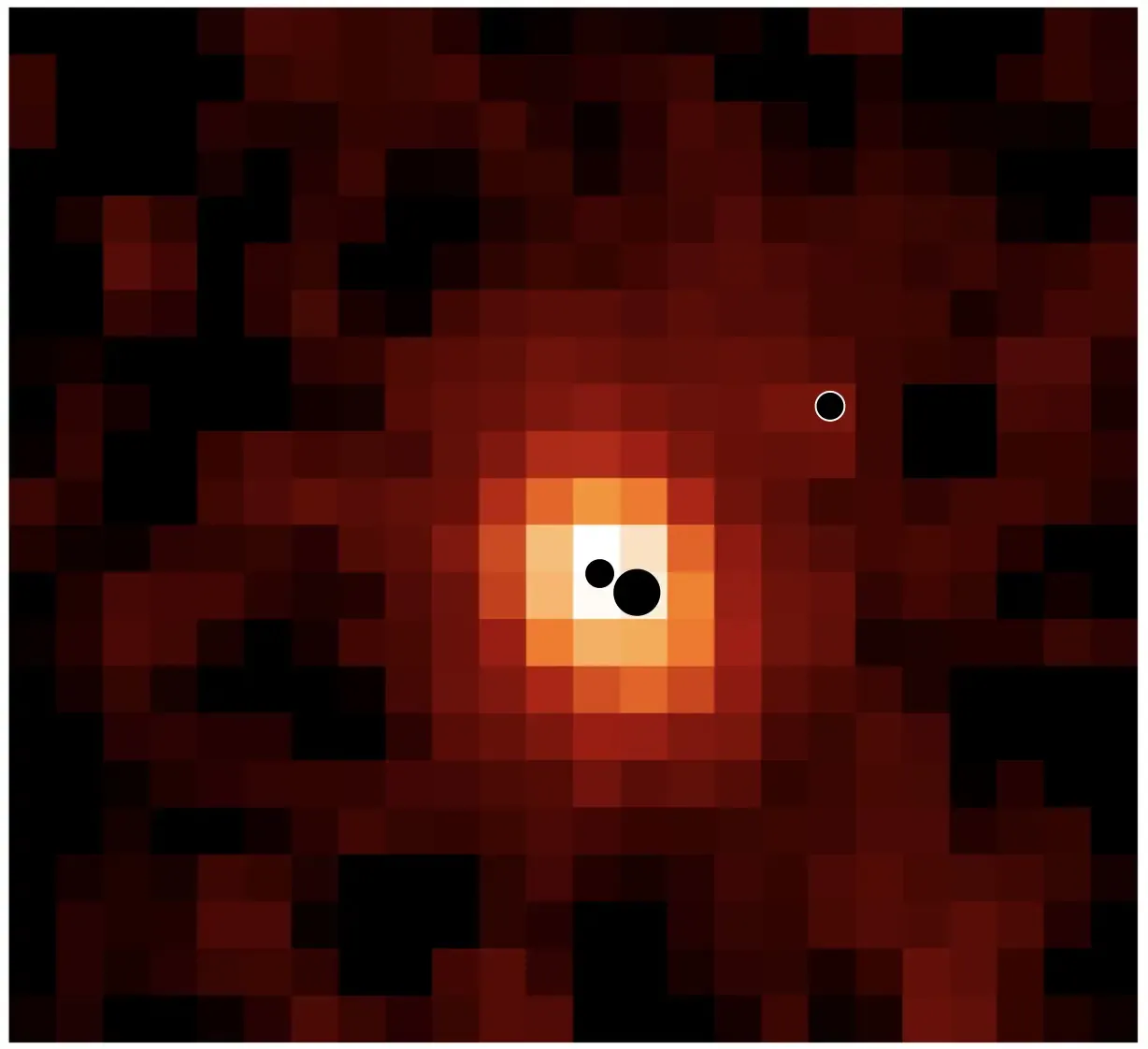 An illustration showing a distant galaxy with three bright points at its center representing supermassive black holes, two close together and one farther away.
