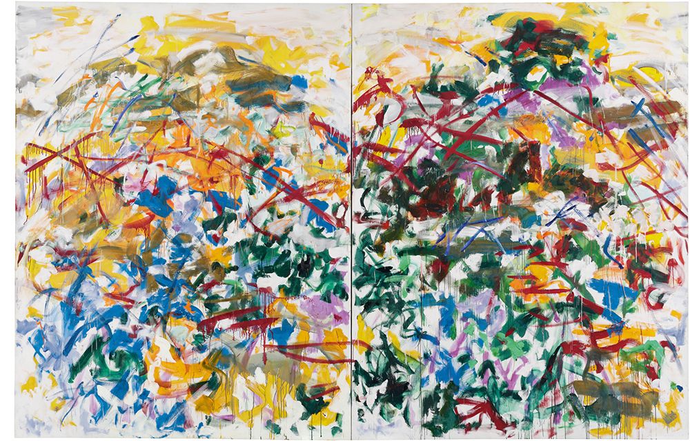 a diptych of two colorful abstract paintings
