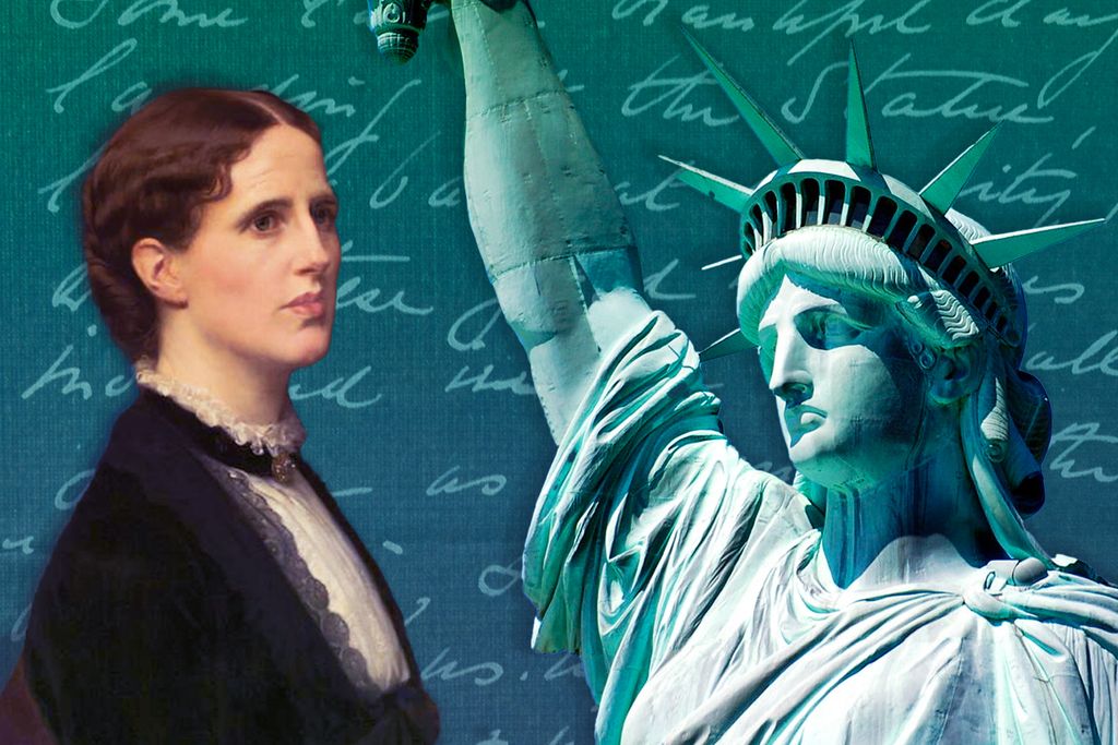 Illustration of Georgina Schuyler next to the Statue of Liberty