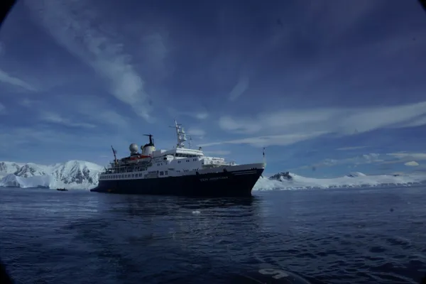 A view of our cruise ship from the Zodiac boat---tiny.  Camera:  Sony A6000. thumbnail