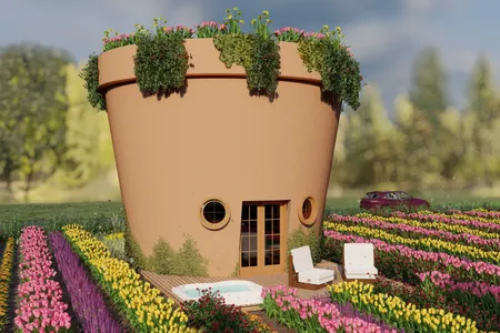 A rendering of a giant flower pot vacation rental on a farm in Idaho, designed by Whitney H. from the United States