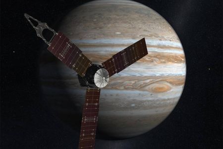 An artist's rendition of Juno in orbit around Jupiter. The craft is powered entirely by the sun's rays. 