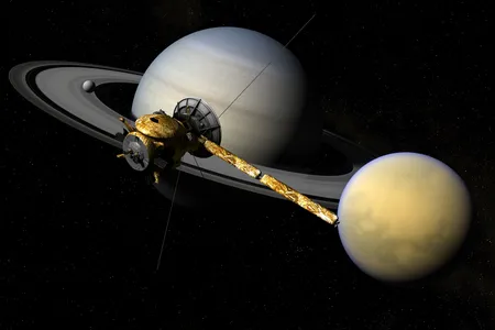 An illustration shows the satellite Cassini moving near Saturn and its largest moon Titan